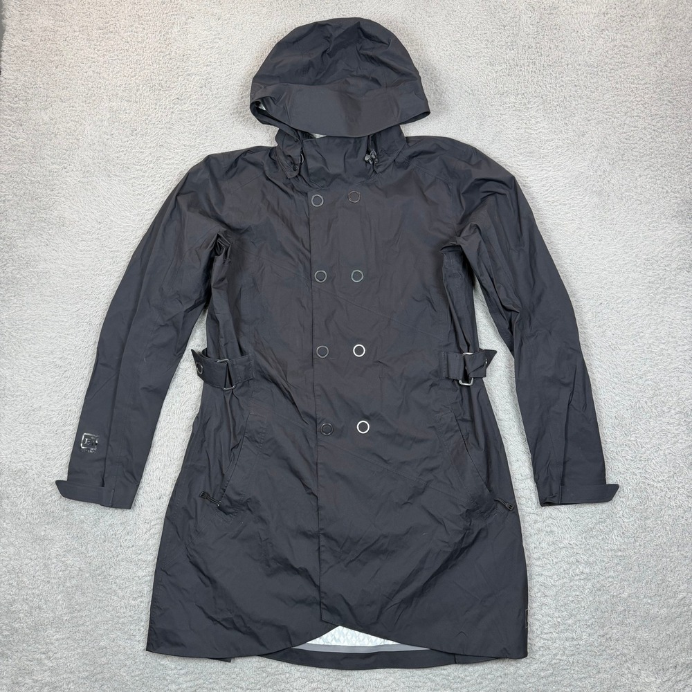 REI Elements Black Rain Jacket Women L Waterproof Double Breasted Hooded Trench
